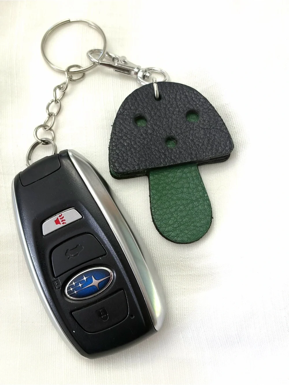 Upcycled COACH Navy & Green Leather Mushroom Keychain Charm